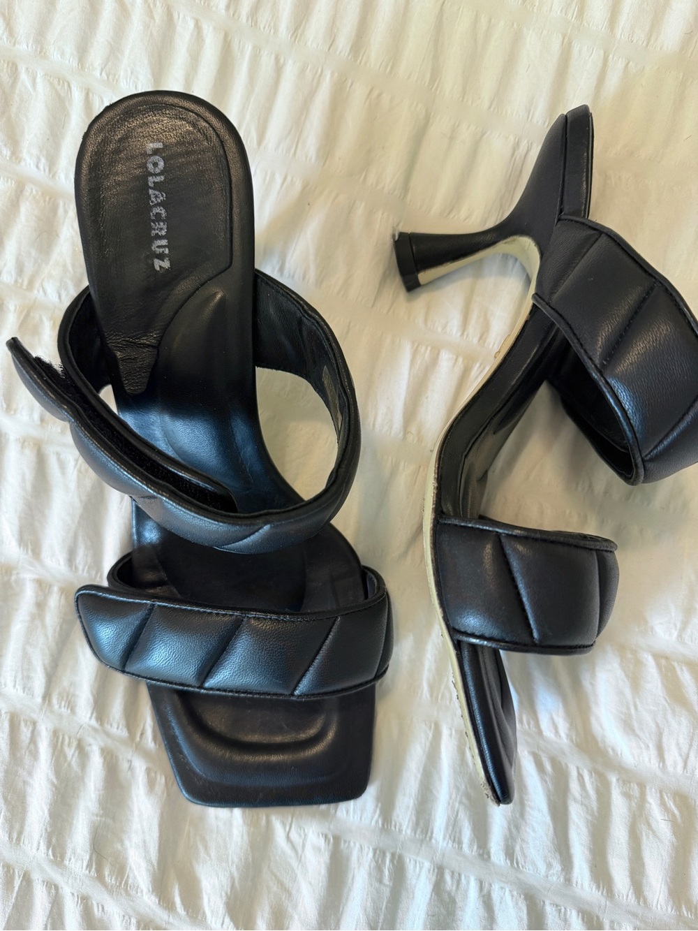 Lola Cruz Black Quilted Double-strap Heeled Mules